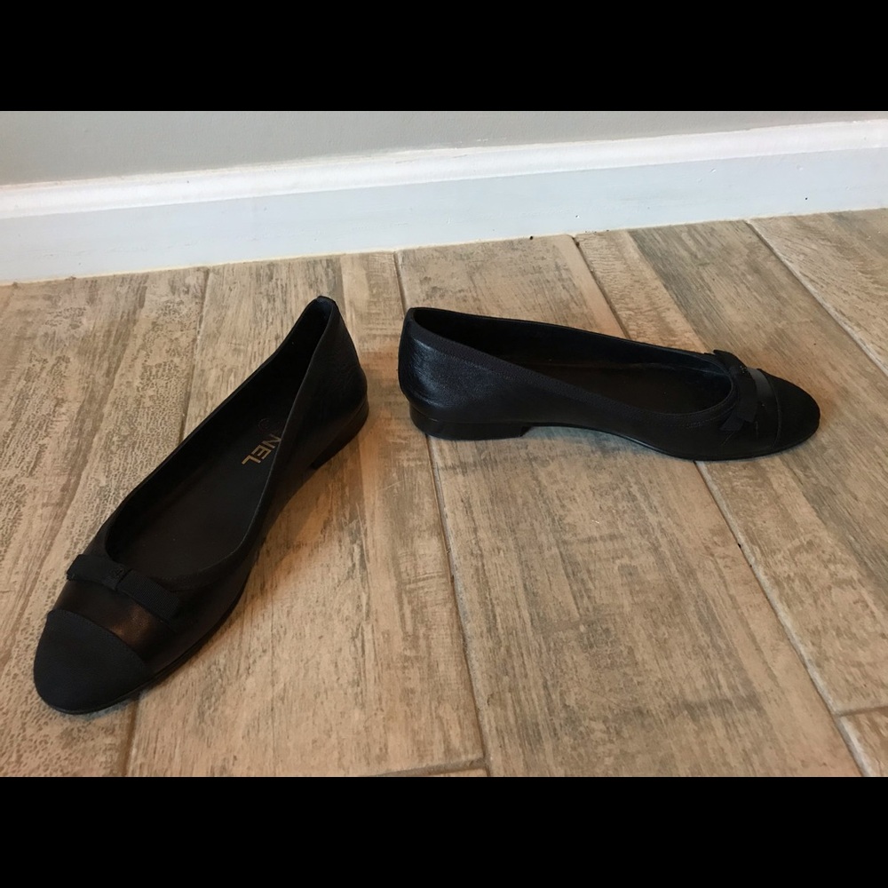 CHANEL BALLERINES BALLET FLATS BLACK EU 37.5 US 7 LEATHER